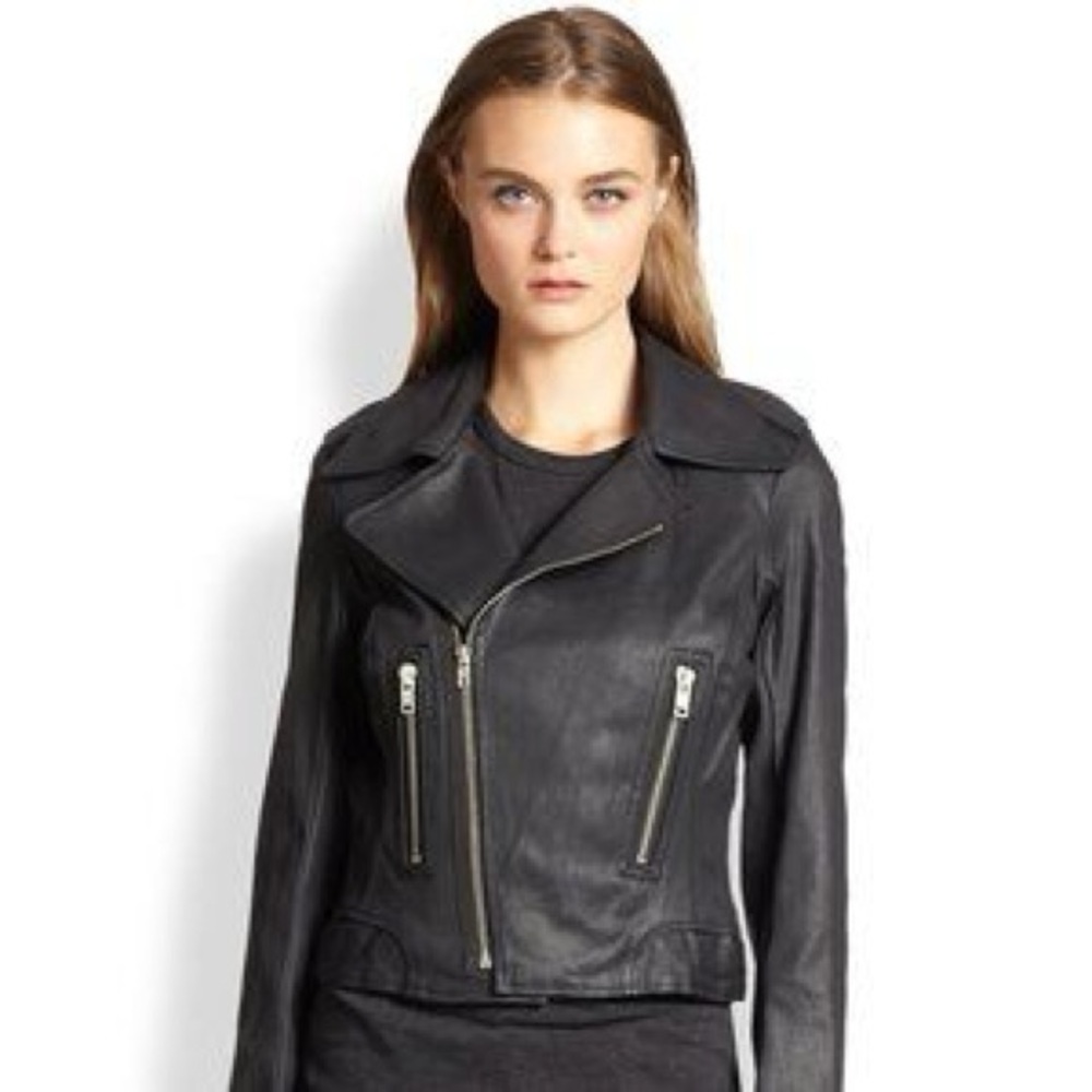 True Religion Women's Black Leather Coated Moto Jacket